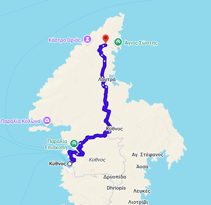 Map showing the route to Villa Manesi from the port of Kythnos